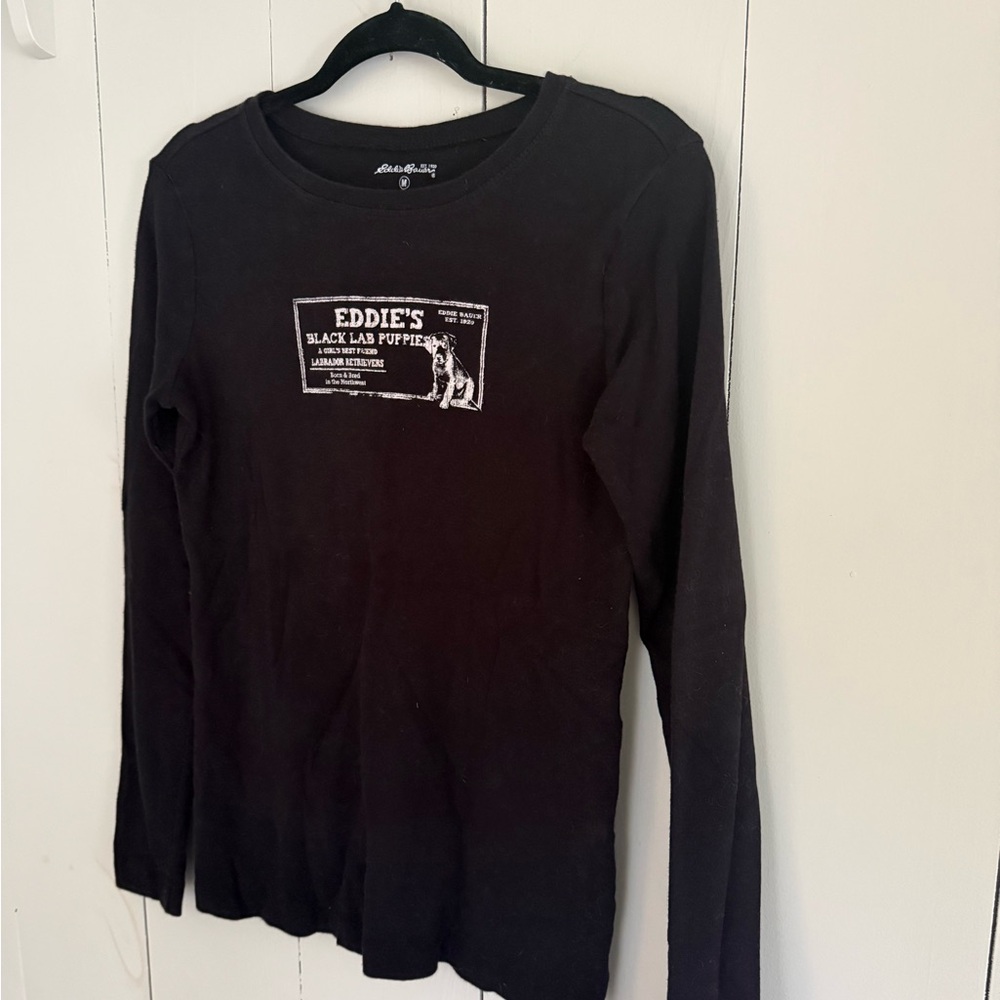 Eddie Bauer Black Lab Puppies Long Sleeve Tee | Vintage Style Dog Mom Shirt M